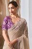 Classy Beige Organza Party Wear  Saree With Floral Printed Blouse