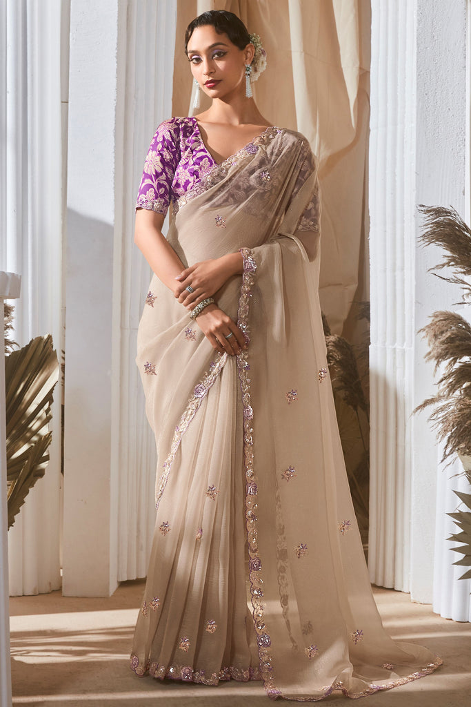 Classy Beige Organza Party Wear  Saree With Floral Printed Blouse
