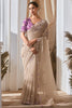 Classy Beige Organza Party Wear  Saree With Floral Printed Blouse