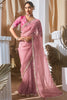 Awesome Pink Organza Engagement Wear Saree With Printed Blouse
