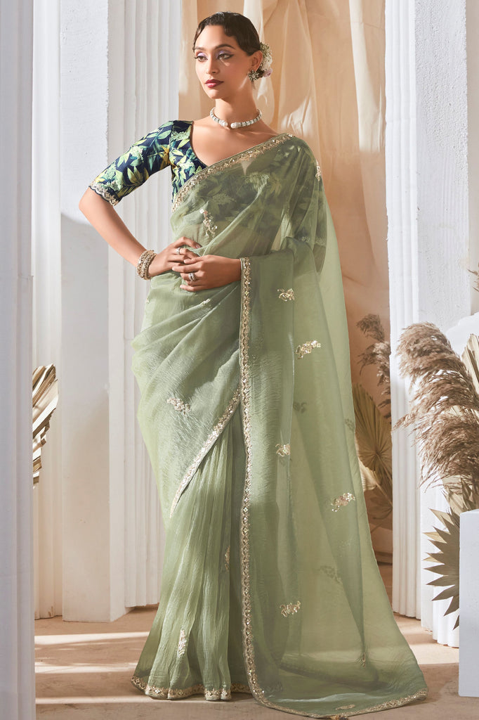 Enchanting Pastel Green Butti Work Reception Wear Saree With Blouse