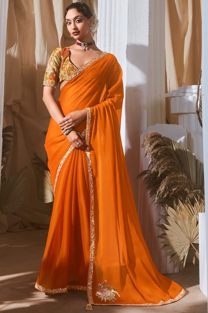 Outstanding Orange Organza Event Wear Saree With Printed Blouse