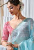 Spectacular Sky-Blue Thread Work Organza Engagement Wear Saree