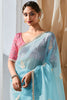 Spectacular Sky-Blue Thread Work Organza Engagement Wear Saree