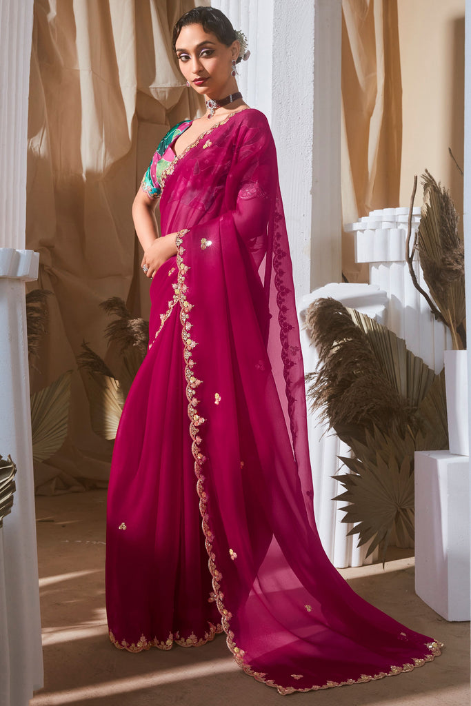 Tantalizing Hot Pink Border Work Organza Festival Wear Saree With Blouse