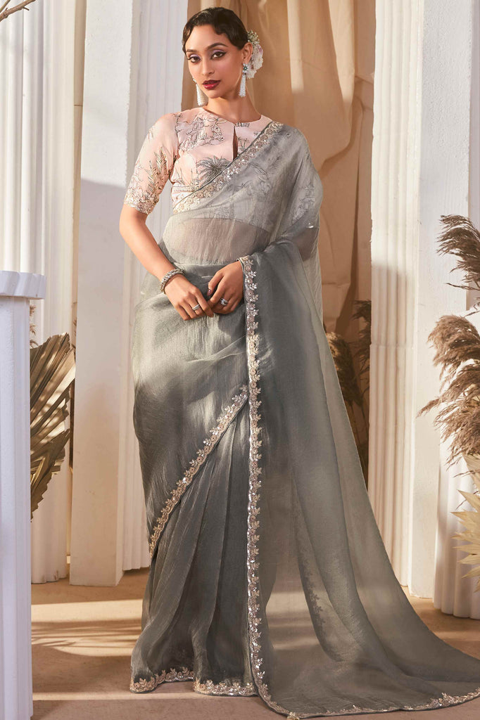 Fascinating Grey Border Work Organza Party Wear Saree With Blouse