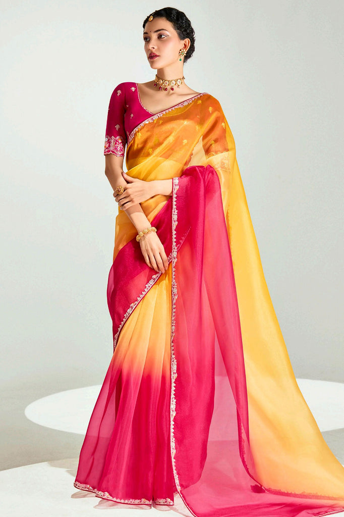 Graceful Mustard Yellow Ombre Organza Border Work Saree With Blouse