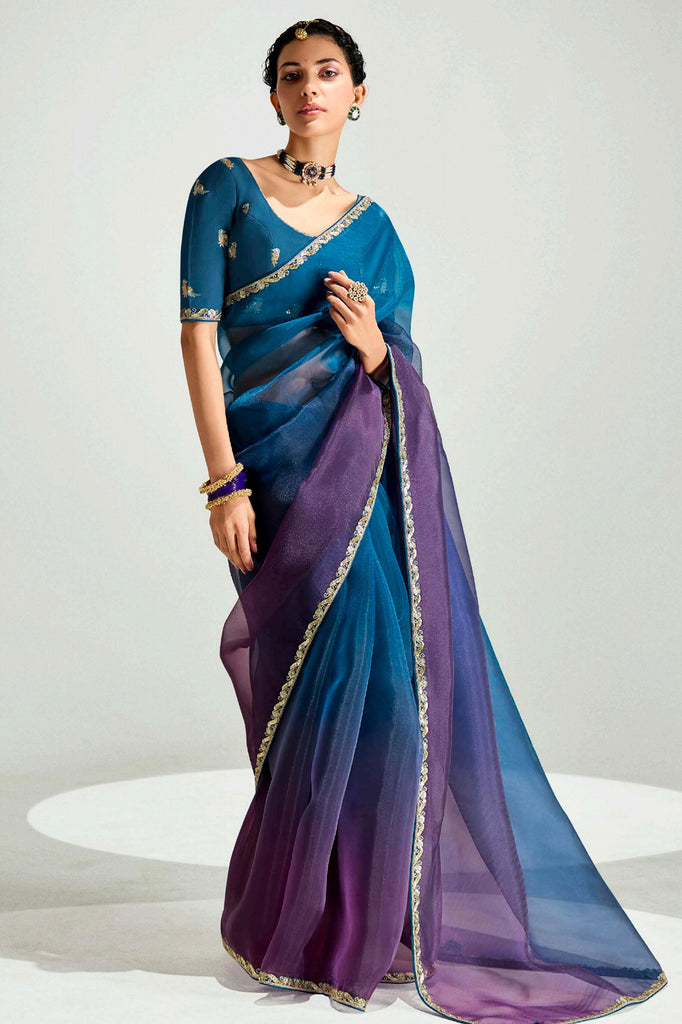 Stunning Deep Blue Border Work Organza Reception Wear Saree