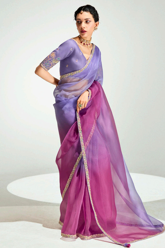 Outstanding Lilac Border Work Organza Party Wear Saree With Blouse
