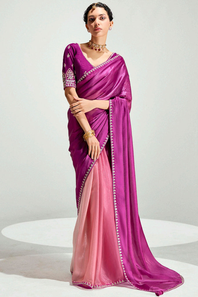 Classy Wine Border Work Organza Engagement Wear Saree