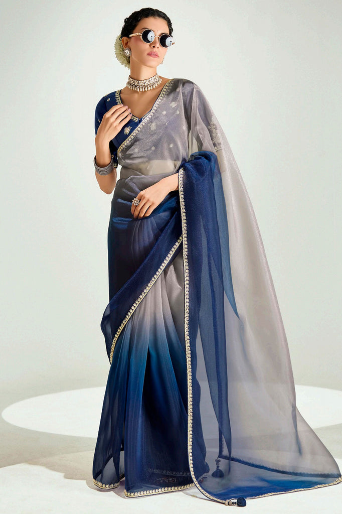 Adorable Navy Blue Border Work Organza Party Wear Saree With Blouse