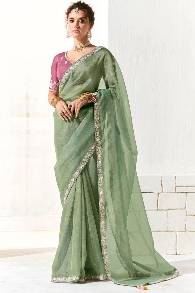 Alluring Pista Green Border Work Tissue Silk Saree With Blouse