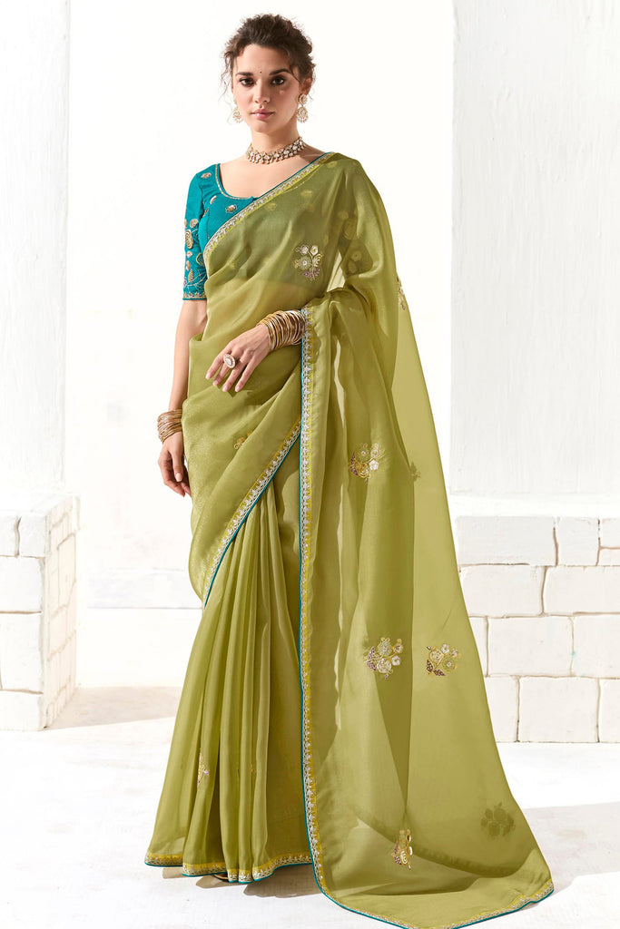 Lovable Light Green Thread Work Tissue Silk Mehendi Wear Saree
