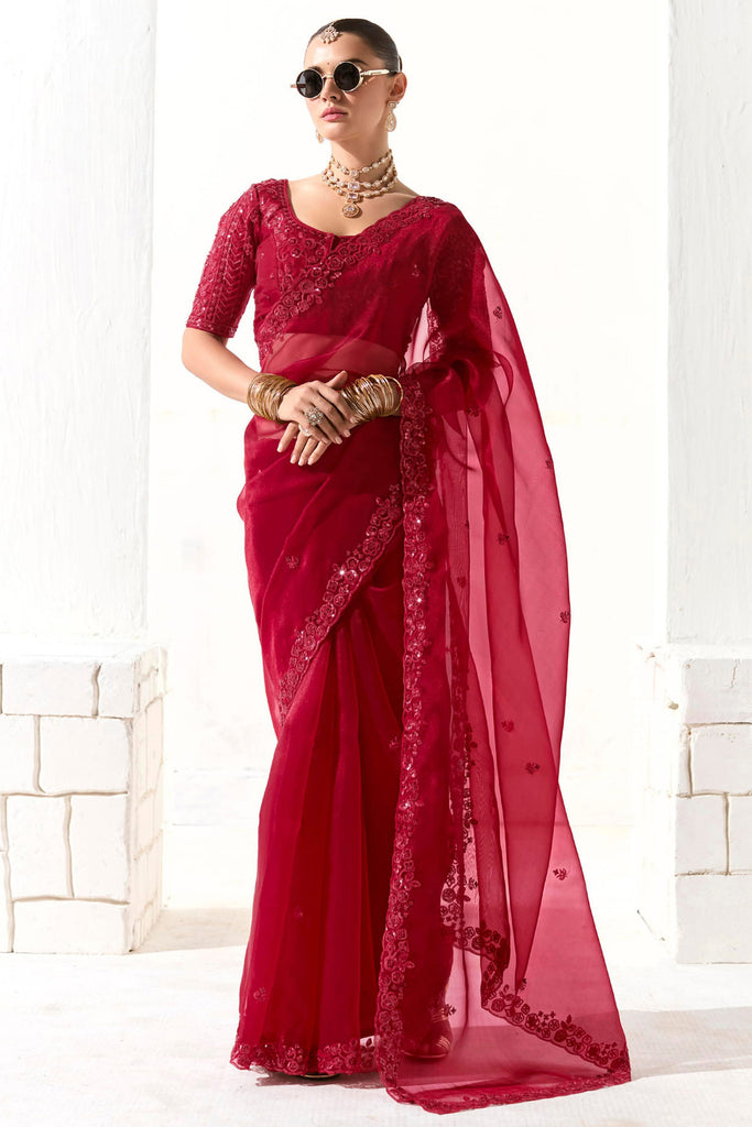 Beautiful Red Sequins Work Tissue Silk Bridal Wear Saree With Blouse