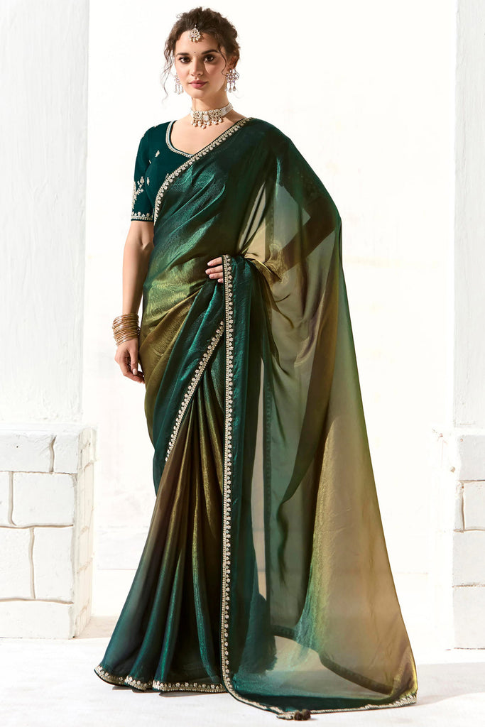 Alluring Teal Green Border Work Tissue Silk Function Wear Saree