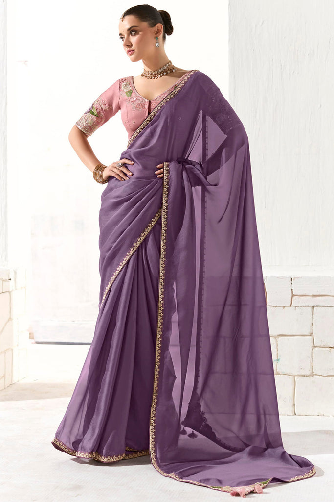 Fantastic Purple Border Work Tissue Silk Reception Wear Saree