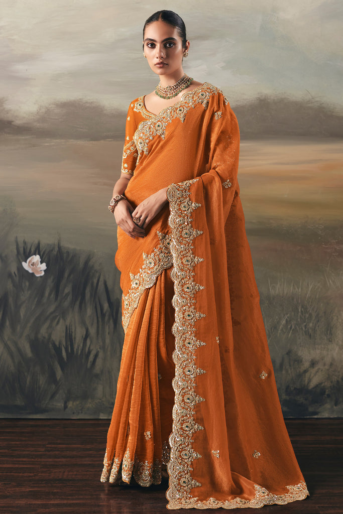 Bewitching Orange Diamond Work Silk Reception Wear Saree With Blouse