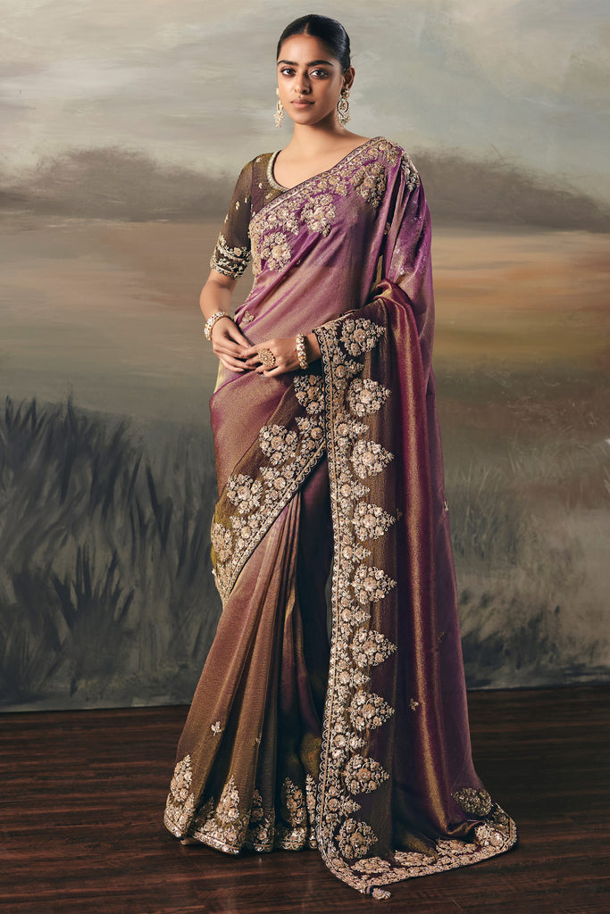 Glamorous Purple Zari Embroidered Silk Engagement Wear Saree With Blouse