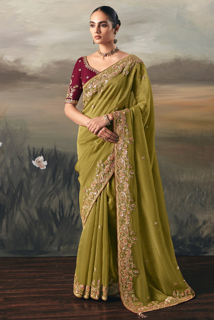 Gorgeous Green Zari Embroidered Silk Festival Wear Saree With Blouse