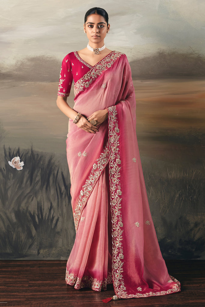 Beautiful Pink Zari Embroidered Silk Wedding Wear Saree With Blouse