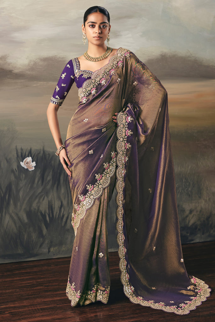Outstanding Purple Zari Embroidered Silk Reception Wear Saree With Blouse