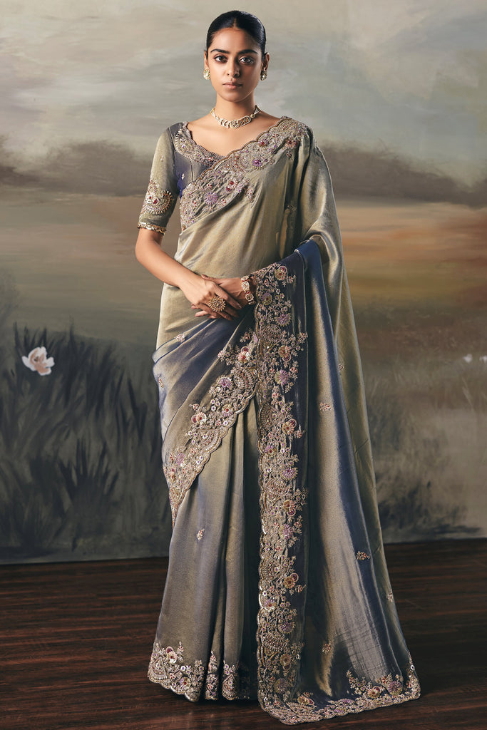 Attractive Grey Sequins Embroidered Silk Traditional Saree With Blouse
