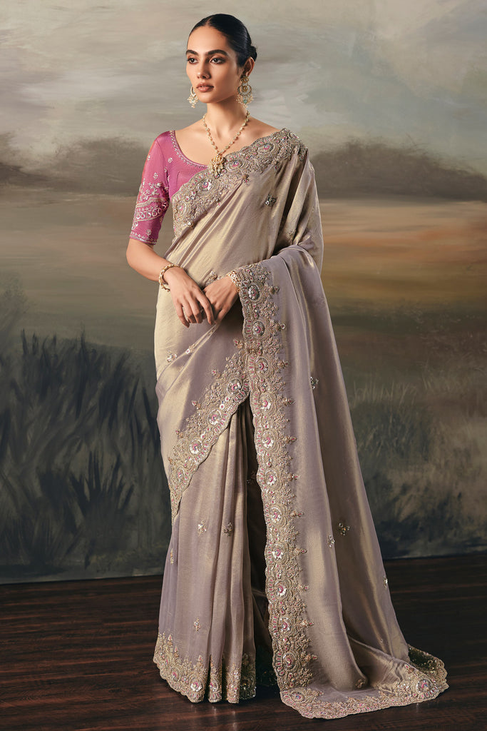 Charming Grey Sequin Embroidered Silk Reception Wear Saree With Blouse