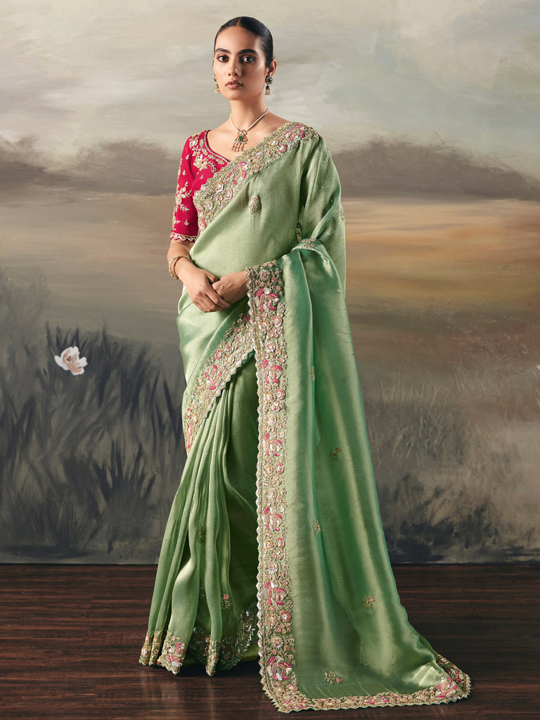 Astonishing Green Sequins Embroidered Silk Engagement Wear Saree With Blouse