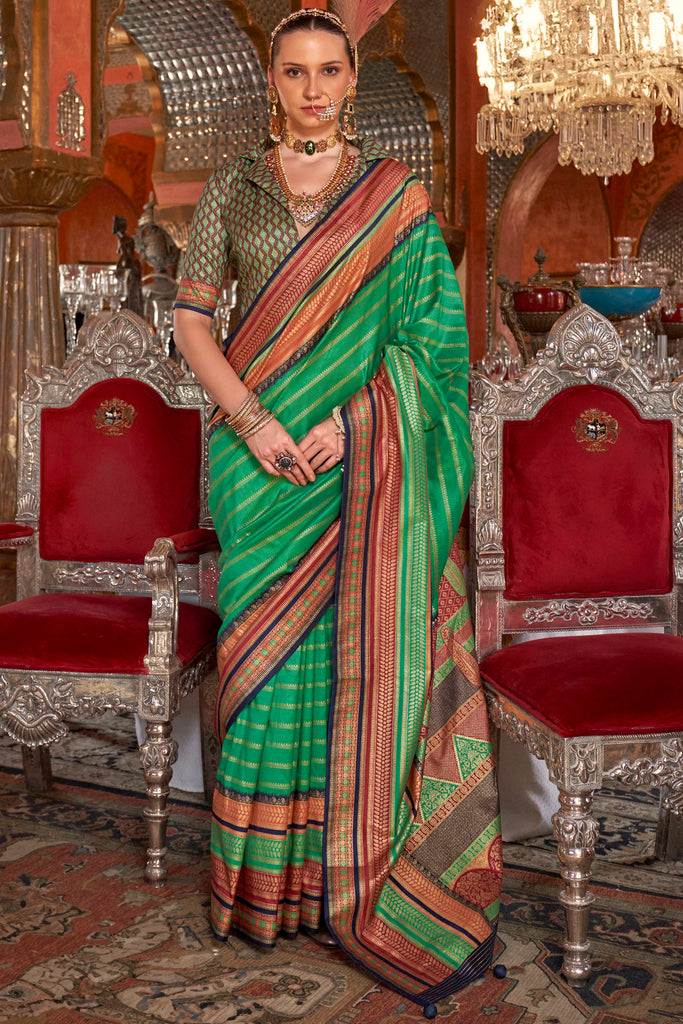 Charming Teal Green Zari Weaving Silk Event Wear Saree With Blouse