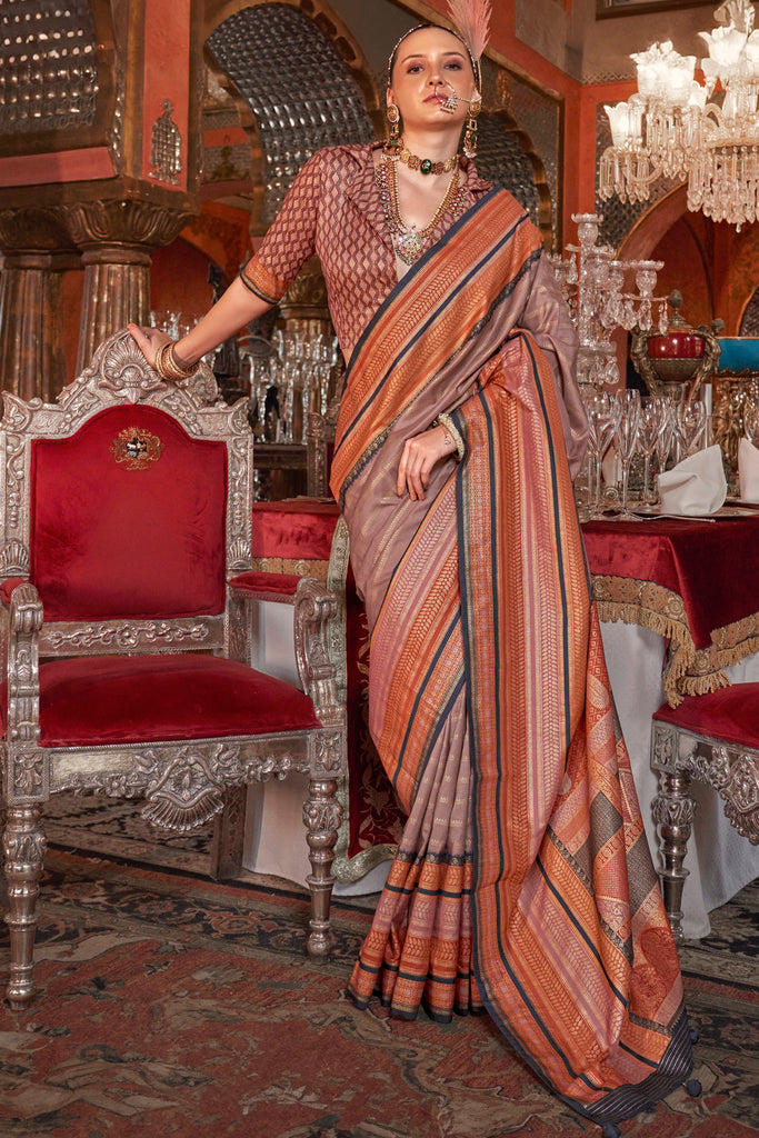 Stunning Brown Zari Weaving Silk Festival Wear Saree With Blouse