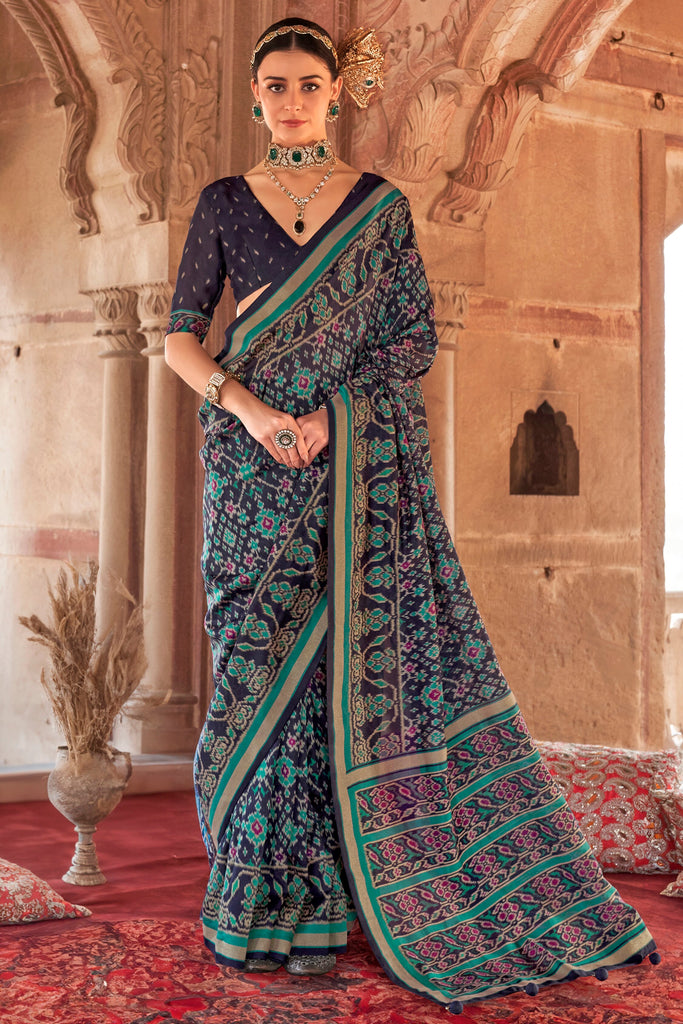 Captivating Navy Blue Patola Printed Georgette Event Wear Saree