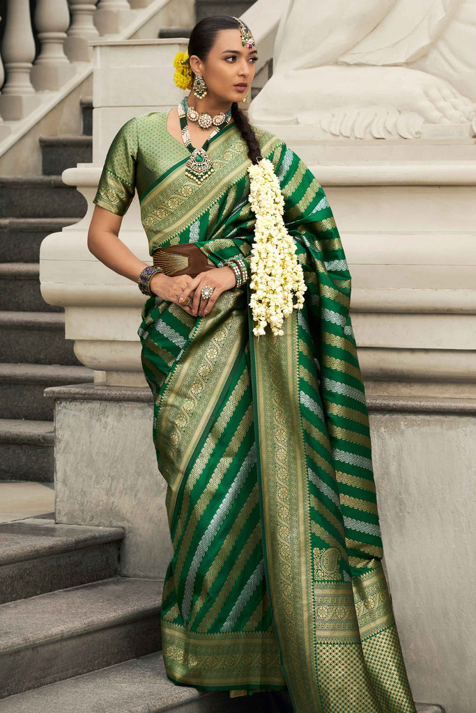 Alluring Green Zari Weaving Viscose Silk Mehendi Wear Saree