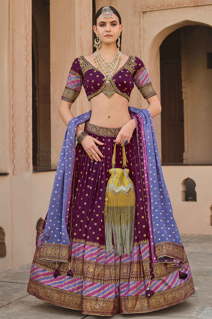 Unique Wine Color Sequins Silk Designer Lehenga Choli With Dupatta