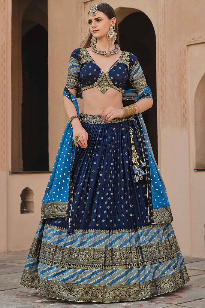 Precious Navy Blue Foil Print Silk Wedding Wear Lehenga Choli