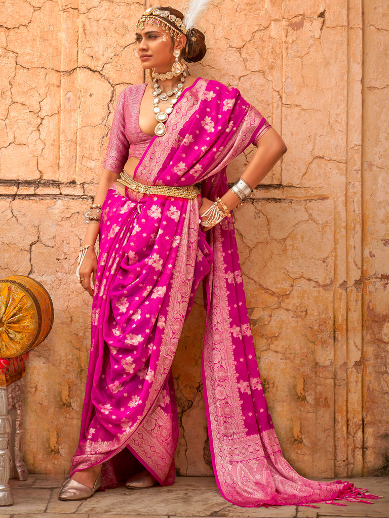 Lovable Rani Pink Zari Weaving Georgette Event Wear Saree