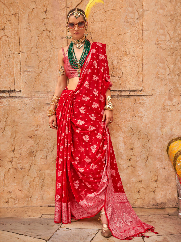 Glamorous Red Zari Weaving Georgette Traditional Saree With Blouse