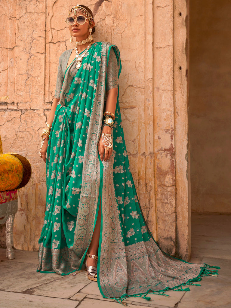 Fantastic Teal Green Zari Weaving Georgette Saree With Blouse