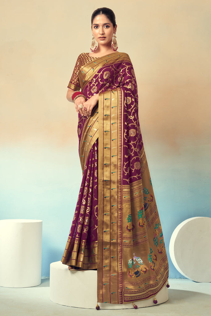 Breathtaking Wine Zari Weaving Georgette Wedding Wear Saree 