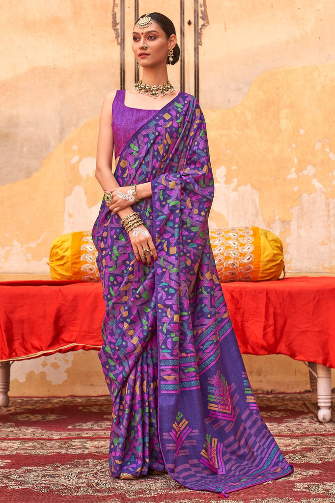 Amazing Purple Digital Printed Silk Casual Wear Saree With Blouse