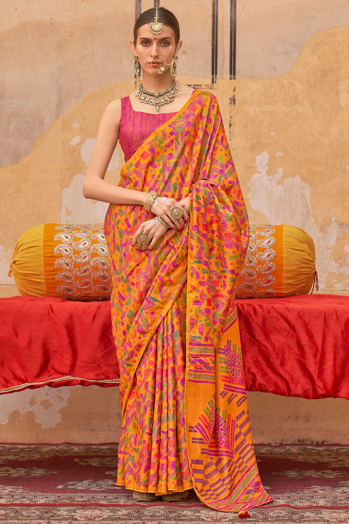 Tantalizing Orange Digital Printed Silk Festival Wear Saree With Blouse