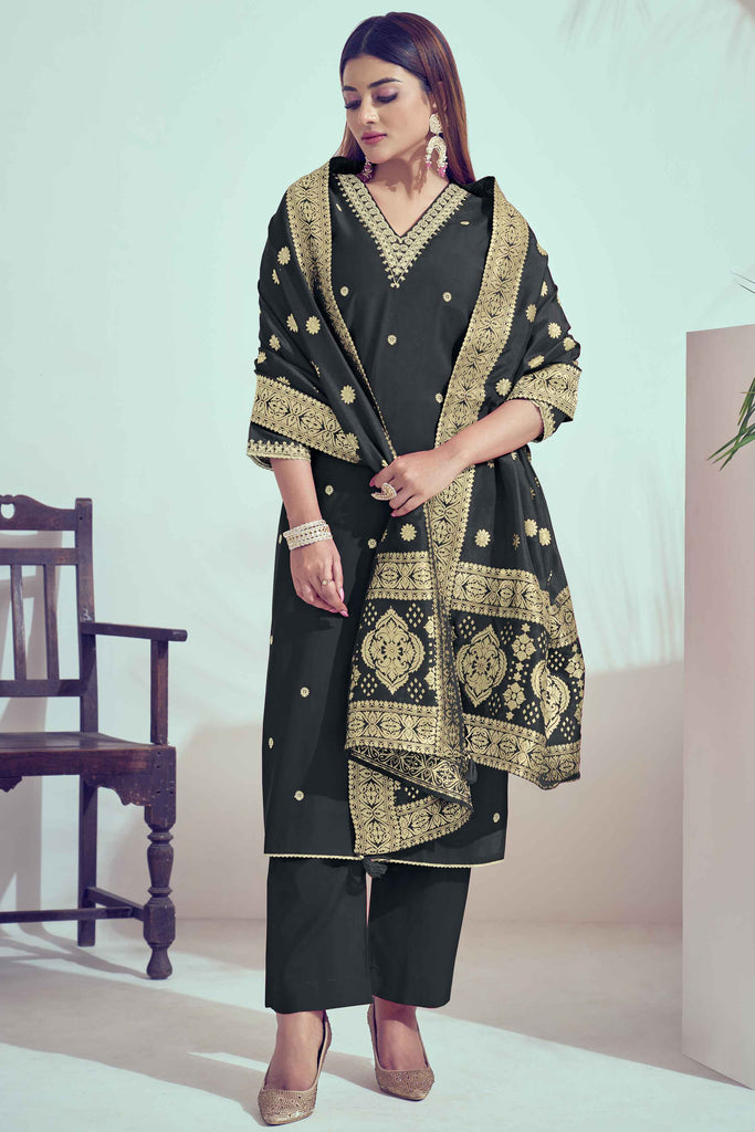 Adorable Black Cord Embroidery Silk Event Wear Pant Suit