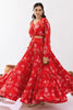 Enchanting Red Floral Printed Chinon Event Wear Crop Top Lehenga