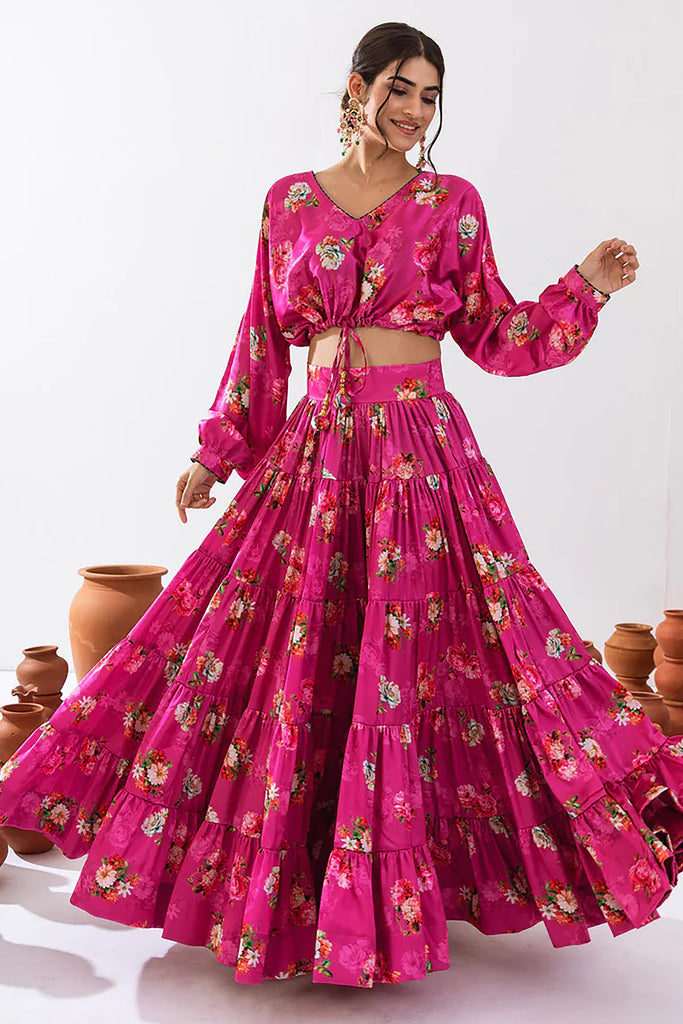 Beautiful Magenta Floral Printed Chinon Function Wear Crop Top Lehenga