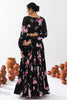 Gorgeous Black Floral Printed Chinon Party Wear Crop Top Lehenga