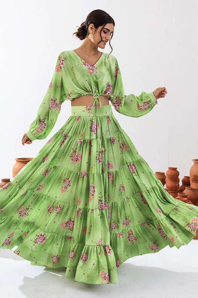 Sweet Pista Green Floral Printed Chinon Festival Wear Crop Top Lehenga