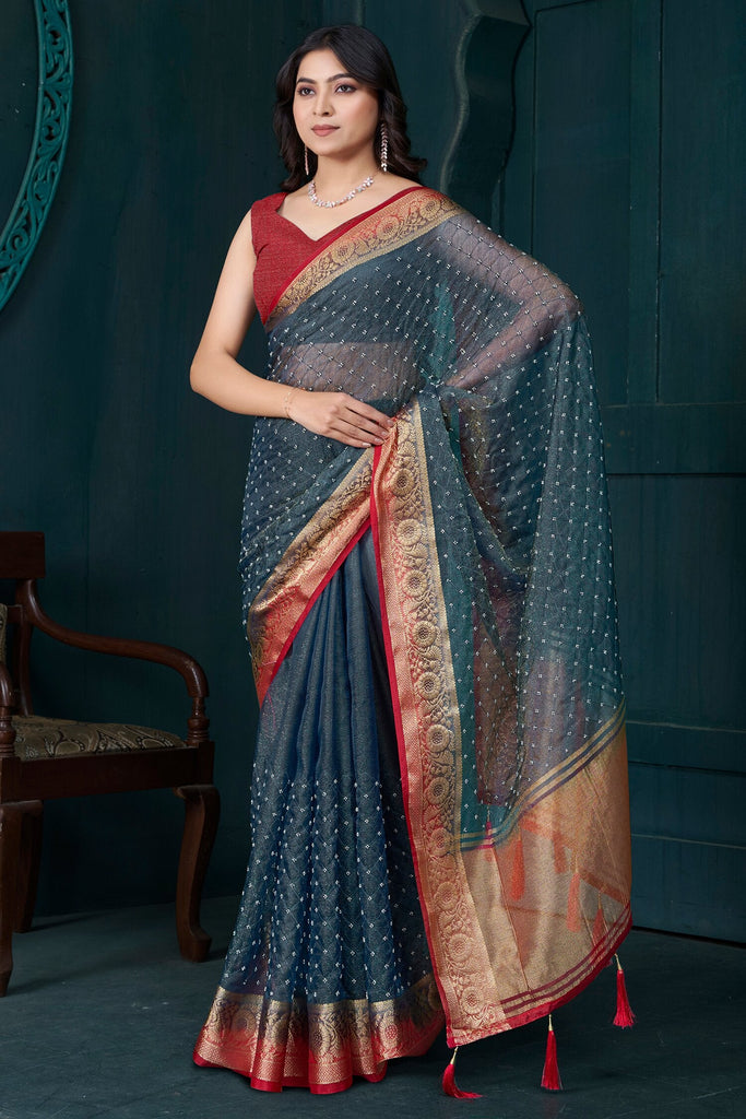 Adorable Blue Beads Work Jacquard Festival Wear Saree With Blouse
