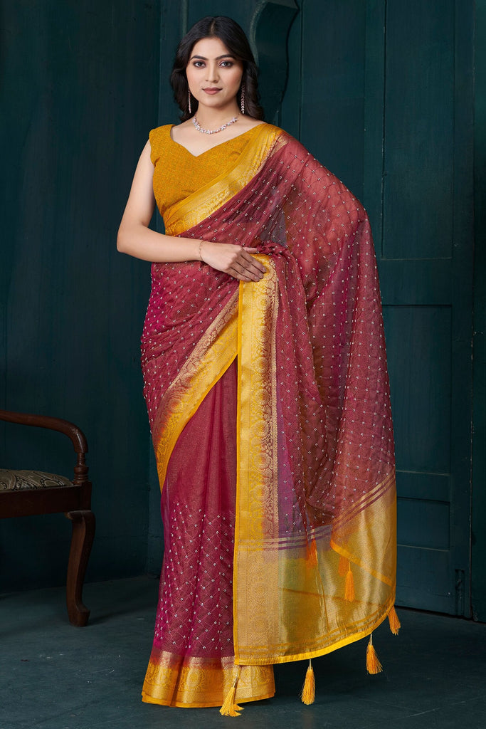 Lovely Maroon Beads Work Jacquard Event Wear Saree With Blouse