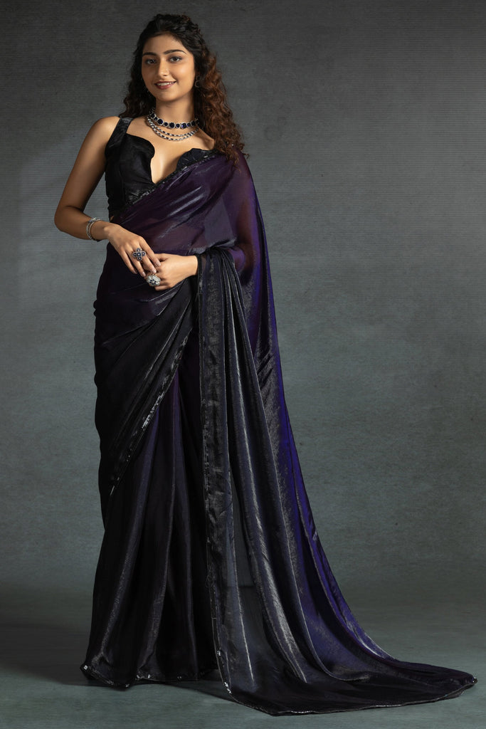Wonderful Dark Purple Diamond Work Satin Party Wear Pre-Stitched Saree