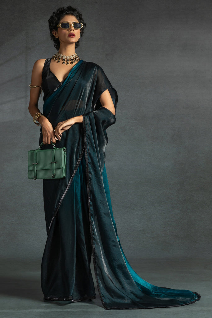 Alluring Teal Blue Diamond Work Satin Party Wear Pre-Stitched Saree