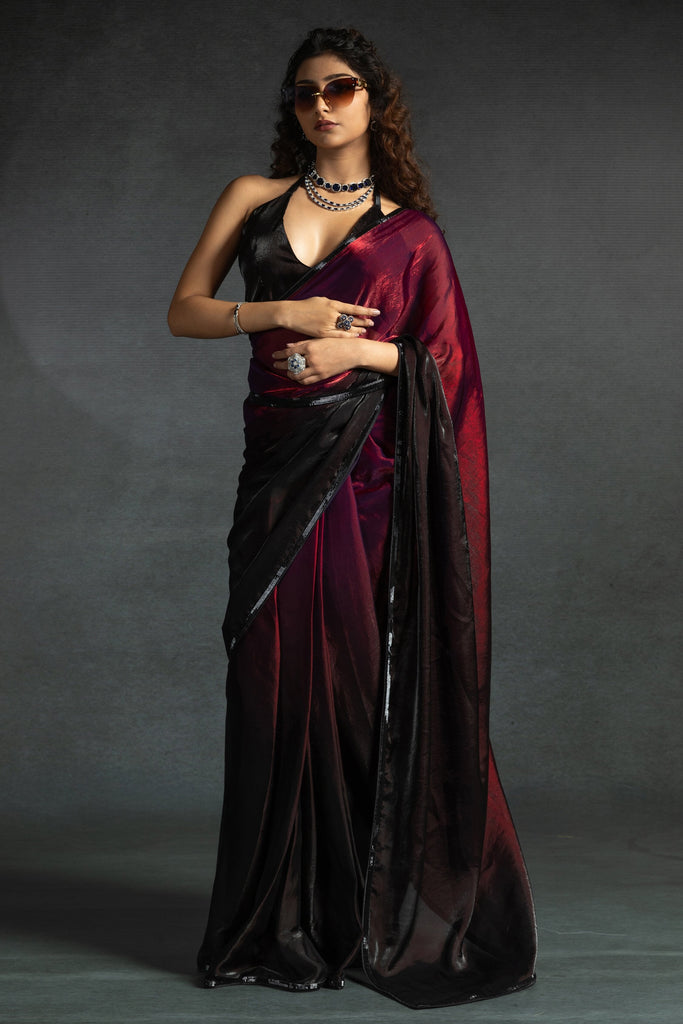 Impressive Magenta Diamond Work Satin Party Wear Pre-Stitched Saree